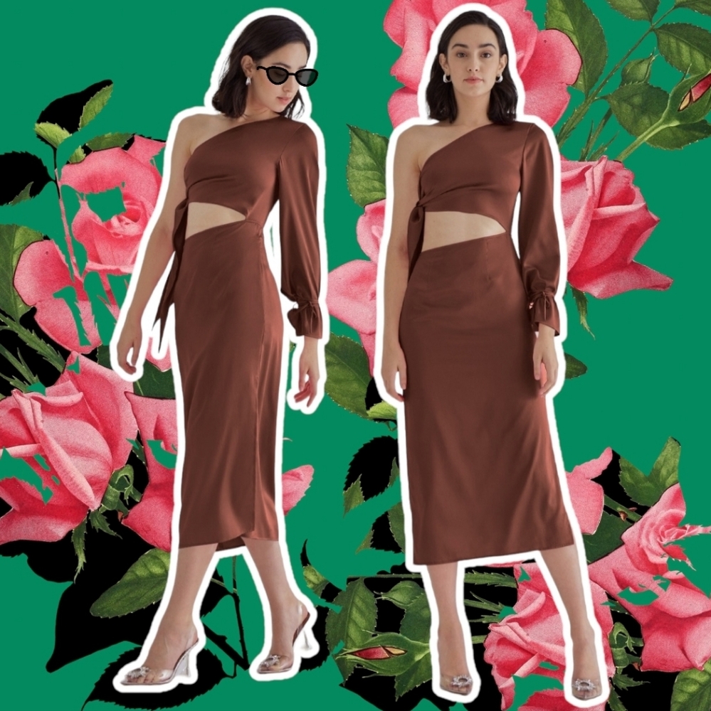 Silk Maison Pink Palace Silk Off Shoulder Dress Copper SZ. L - Large Mocha Mouss